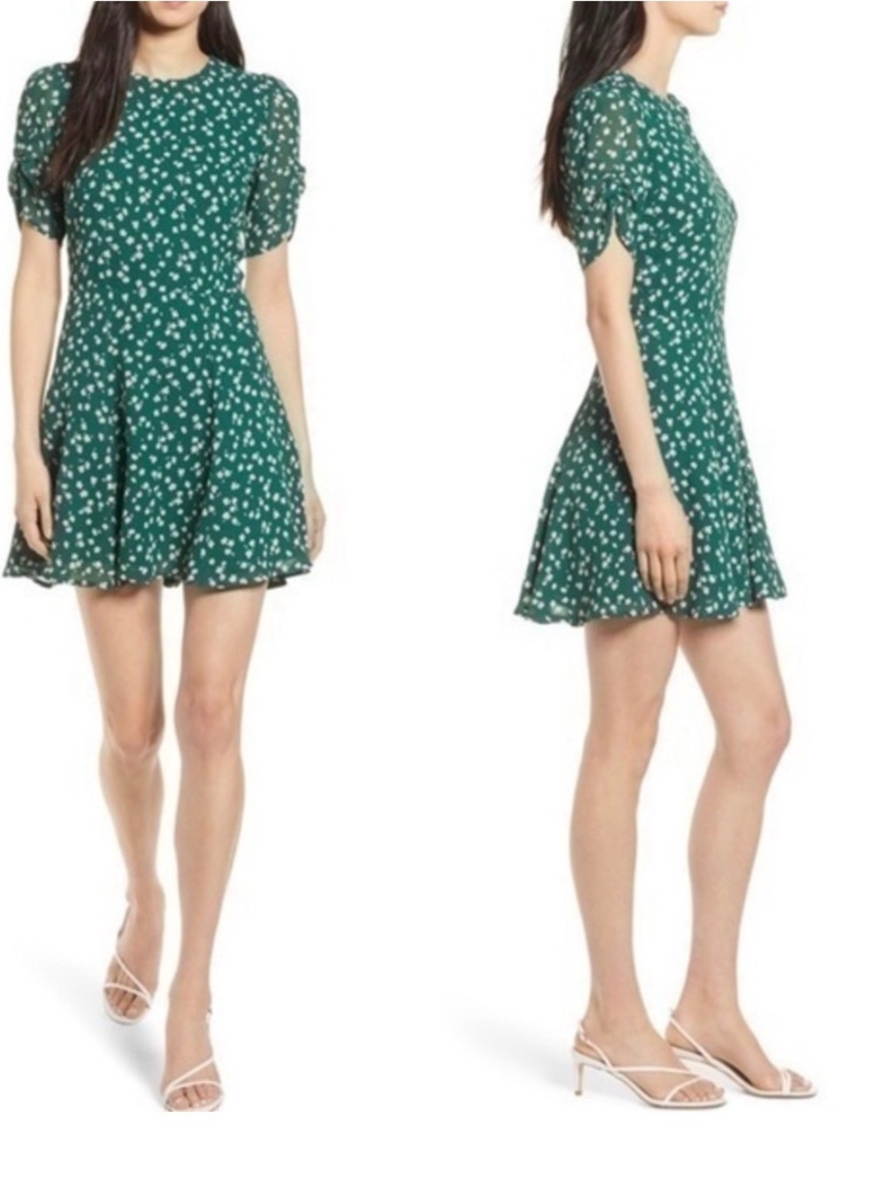 Reformation Gracie Ruched Sleeve Green Daisy Floral Mini Dress Size 12